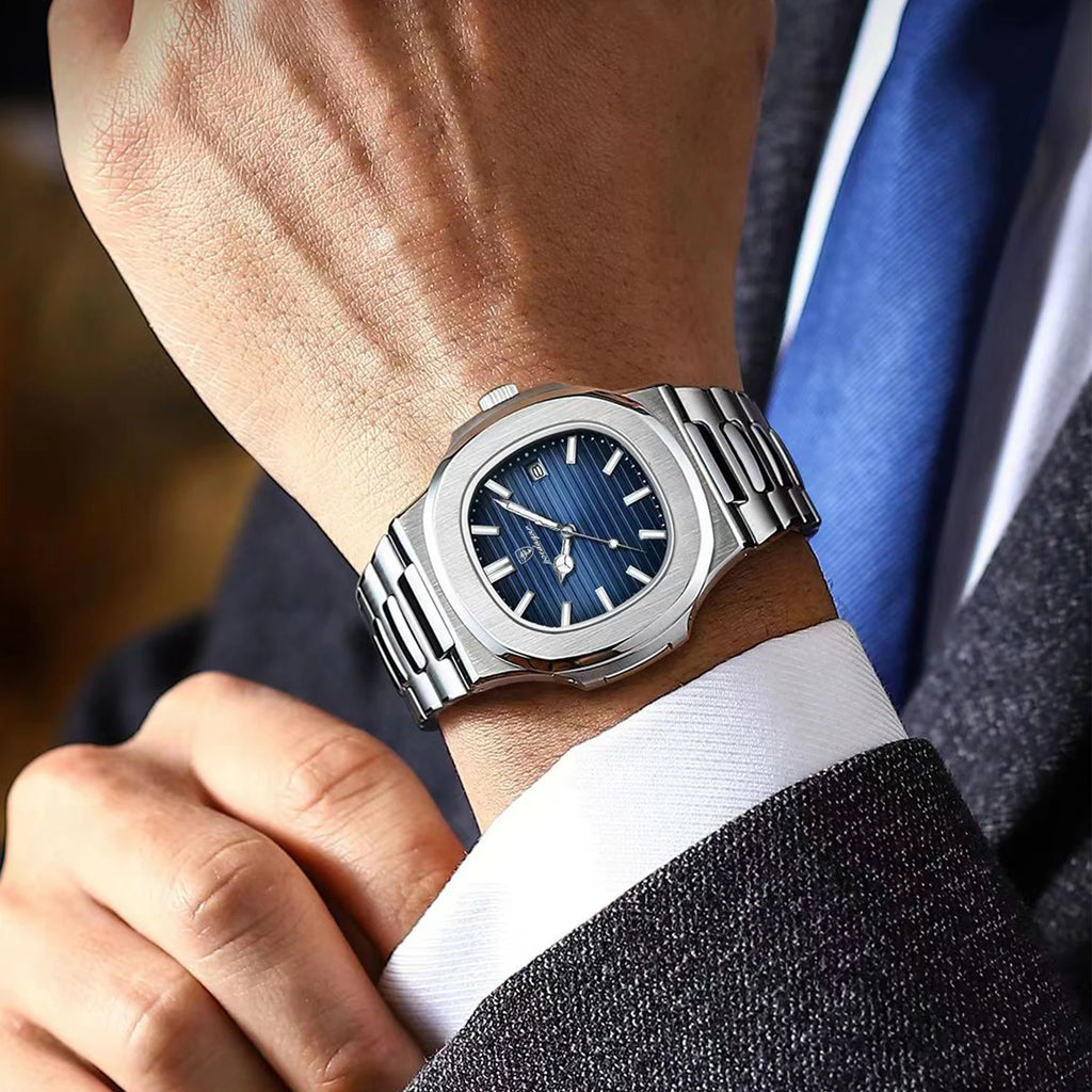 POEDAGAR Luxus Casual Uhr Top Marke Fashion Square Zifferblatt Edelstahl Kalender Leuchtende Wasserdichte Männer Uhr Männliche Uhr + Box