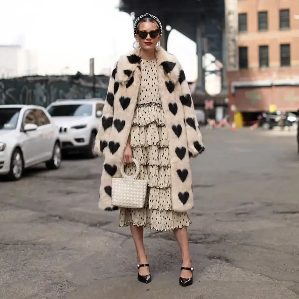 Winter Fashion Week Mode Lange Liebe Herz Muster Hohe Qualität Faux Fuchs Pelzmantel Frauen Jacke