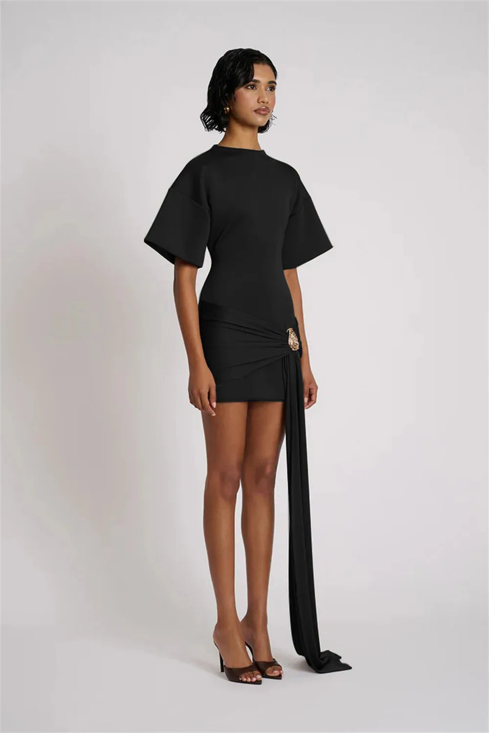Apprabant Women Buckle Ruched Ribbon Mini Dress O-Neck Metal Short Sleeve Solid Color Silm Bodycon Short Dress Casual Partywear