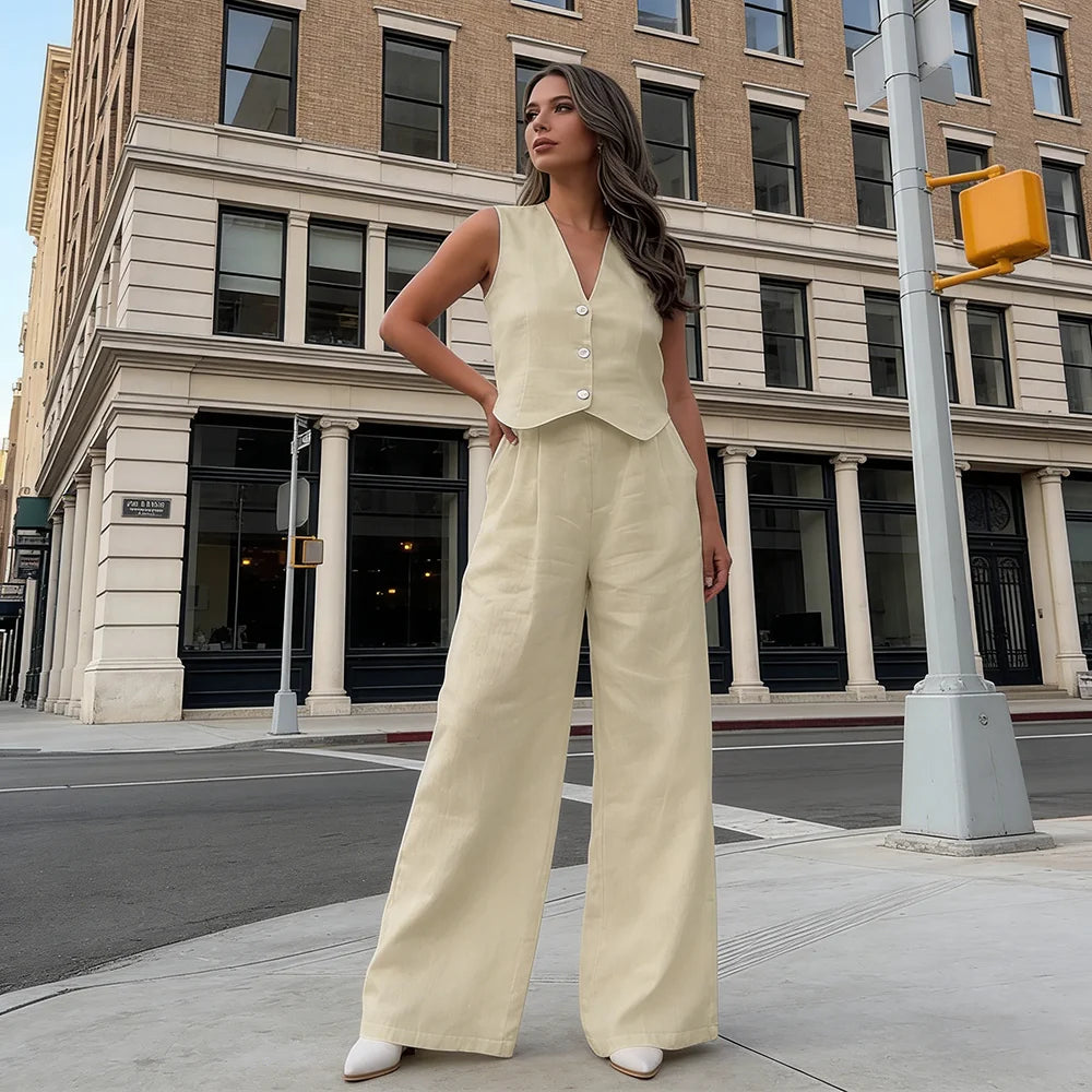 2026 Neues Retro Relaxed 2-Teiliges Set für Damen: Aprikosenfarbene Ärmellose Weste + Hochgeschnittene Weite Hose Schlankheitsfördernd & Aufhöhen-Wirkung