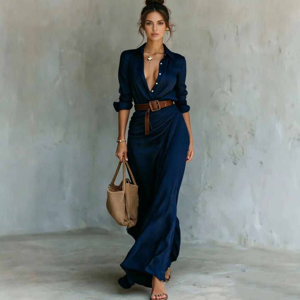 2026 Herbst Langarm Damenkleid Einfarbig mit Unregelmäßigen Falten und Gürtel Modisches Robe Femme für Büro, Alltag und Dates