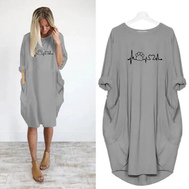 Frauen Lose Lange Ärmeln Sommer Plus Größe Kleid Herbst Winter Casual Rundhals Einfarbig Langarm Tasche Lose Pullove