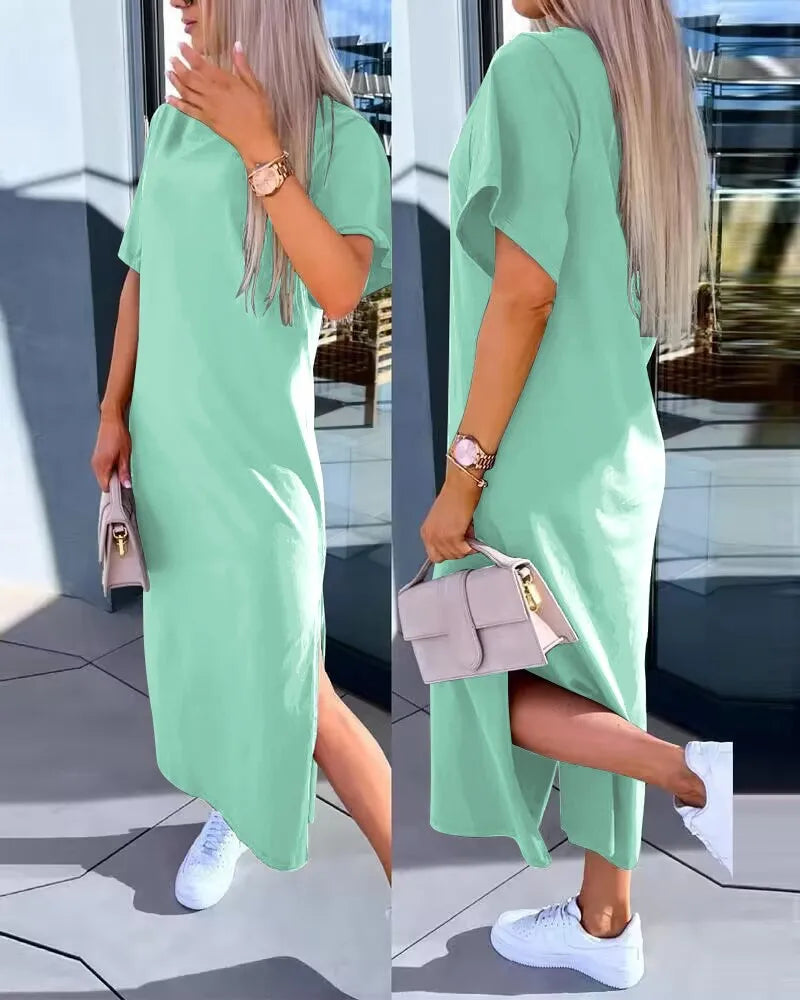 Fashion Simple O Neck Short Sleeve Solid Dress For Women New 2024 Summer Casual Loose Comfortable Split Long Dress Robe Femme