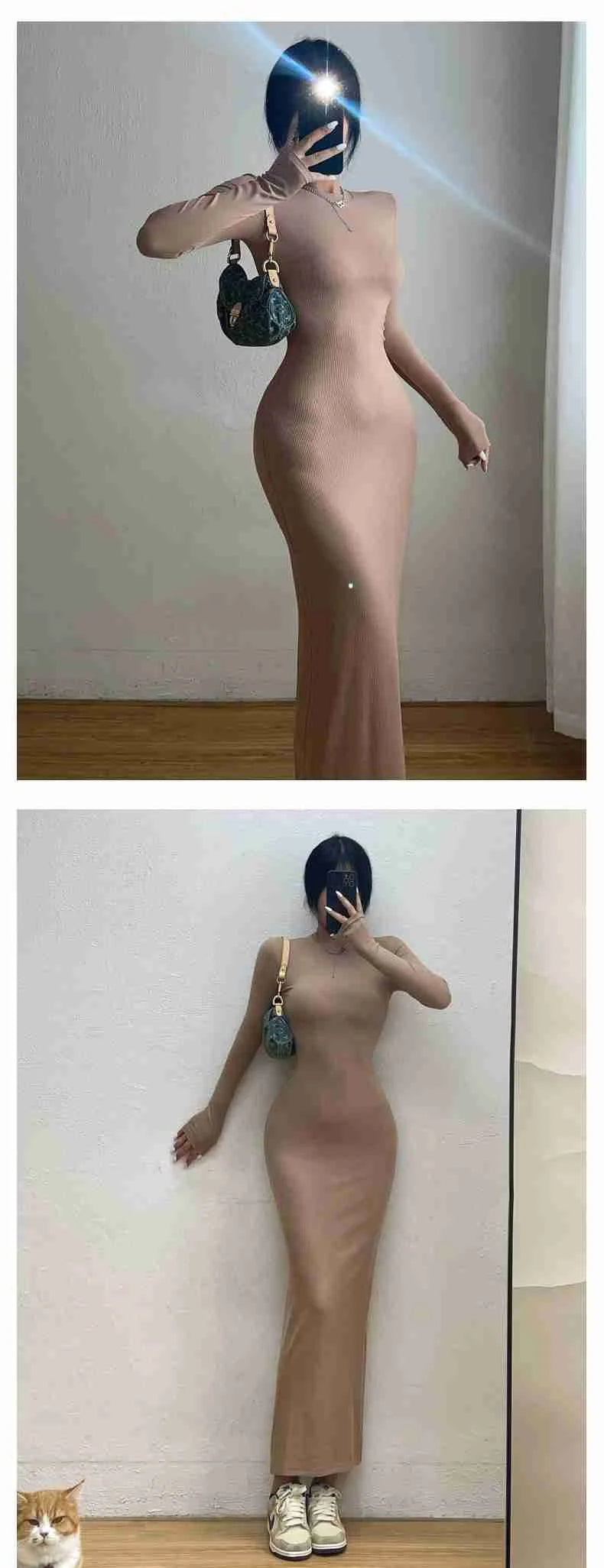 WOMENGAGA Einfache Maxi Langes Kleid Rundhals Langarm Enge Dünne Maxi Kleider Elegante Mode Koreanische Frauen Robe DEH8