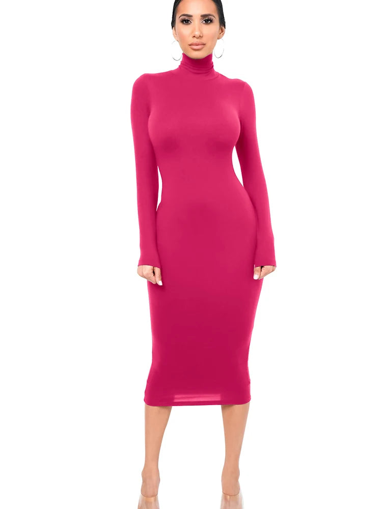 Winter Schwarz Rollkragen Sexy Frauen Kleid Herbst Langarm Dünne Midi Boydcon Casual Blau Plüsch Knie-Länge Party