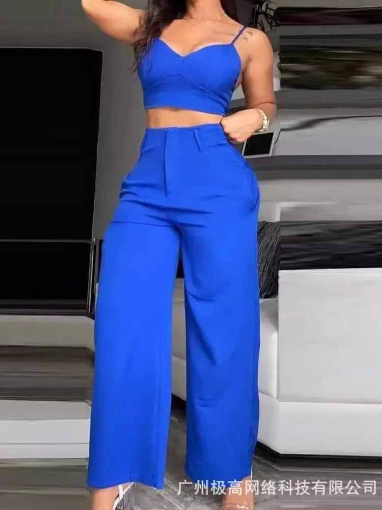Sommer Sexy 2-teiliges Set Frauen V-ausschnitt Strap Geraffte Schlank Crop Top & Spitze-up Breite Bein Hosen Sets elegante Urlaub Dame Anzug