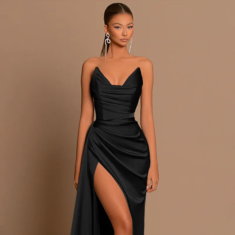 Elegantes Trägerloses Einfarbiges Abendkleid Schickes Satin-Korsettkleid für Damen V-Ausschnitt Geschlitztes Blaues Langes Kleid Damen Sommer-Partykleid