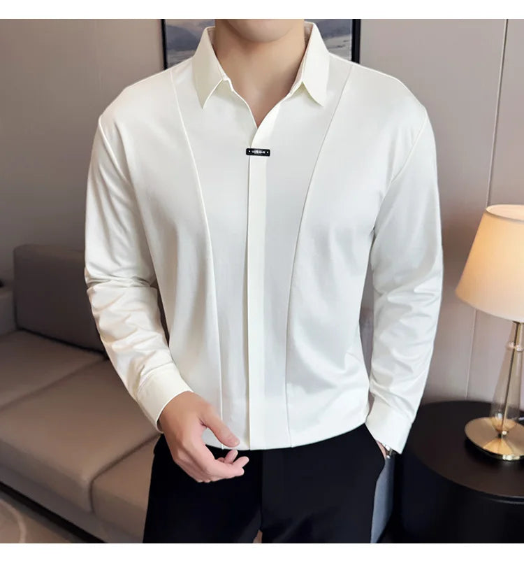 Men Long Sleeved Polo Shirt 2024 Autumn British Style Solid Casual Elastic Slim Fit T-shirt Formal Dress Polo Shirt Men Clothing