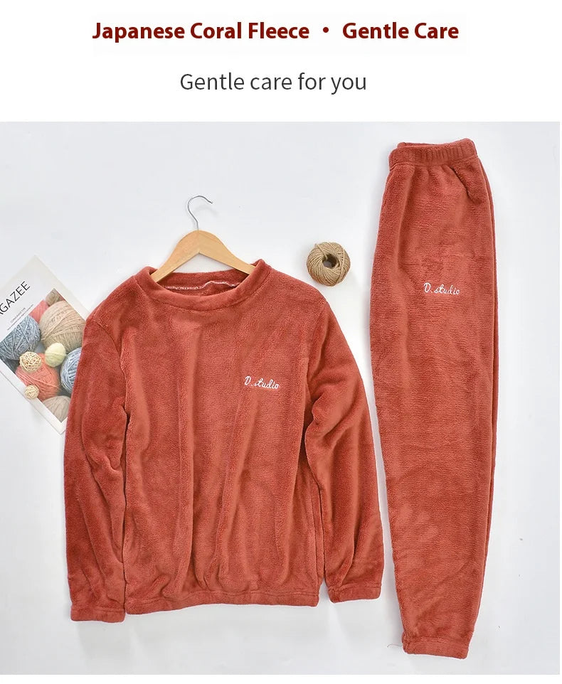 Verdickte Warme Männer Korallen Samt Pyjamas Herbst Winter Homewear Lange Ärmeln Lange Hosen Solide Weiche Nachtwäsche 2 Teile/satz Paar