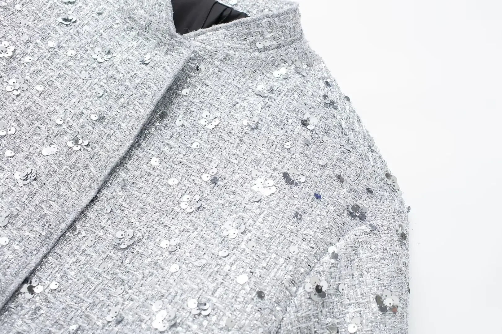 Women's Sequined Bomber Jacket Fall New Round Neck Long Sleeve Pocket Stretch Hem Sequins Jacket Coat Female Chic Outerwear