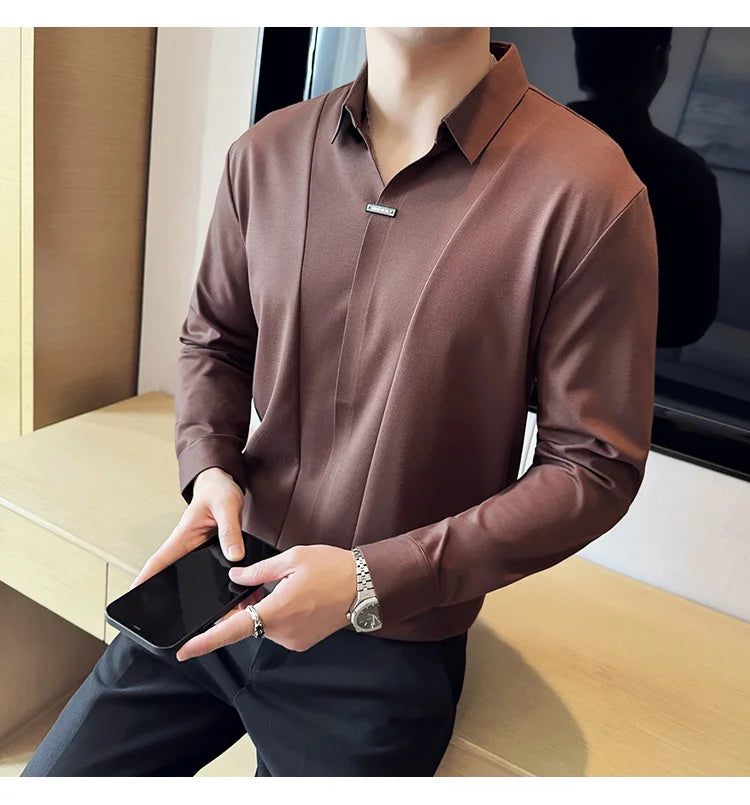 Herren-Poloshirt mit langen Ärmeln, 2026, Frühling, britischer Stil, einfarbig, elastisch, schmale Passform, T-Shirt, formelle Kleidung, Poloshirt, Herrenbekleidung