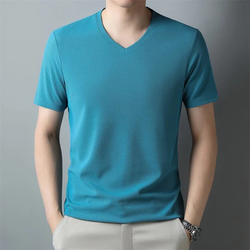 2024 Herren Neues Waffel-T-Shirt mit V-Ausschnitt und kurzen Ärmeln, Sommer, bequemes Oberteil
