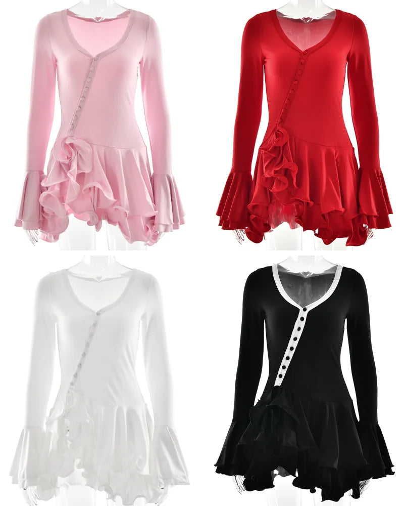 Absobe Damen A-Linie, figurbetontes Minikleid, Rüschensaum, V-Ausschnitt, asymmetrische Knöpfe, lange Ärmel, kurzes Kleid, Party, Streetwear, Outfits