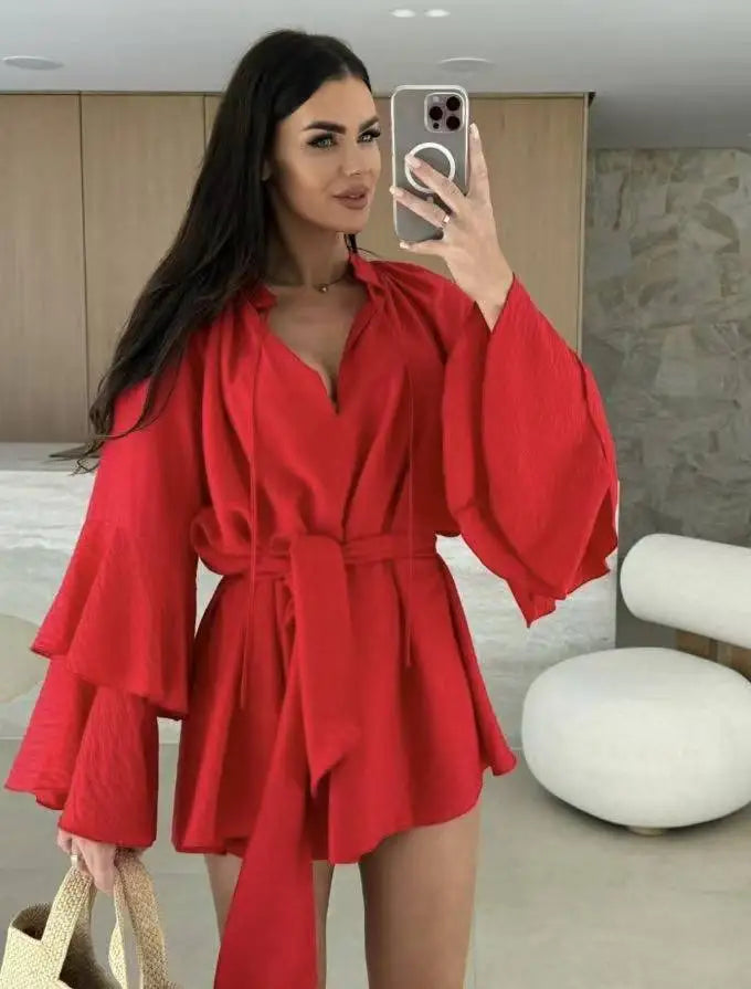Süße ausgestellte Ärmel Kleider für Frauen 2025, sexy tiefer V-Ausschnitt, modisches Minikleid, Frühling, Sommer, Schnürung, solides Kleid, Robe Femme