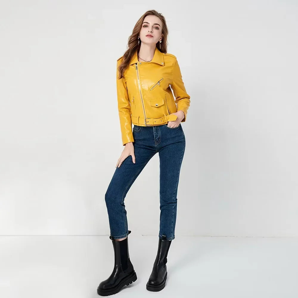Women's PU Leather Jacket Slim Fit Motorcycle Washed Zipper Top Autumn Winter Fashion Outerwear Casual Style Full Sleeve