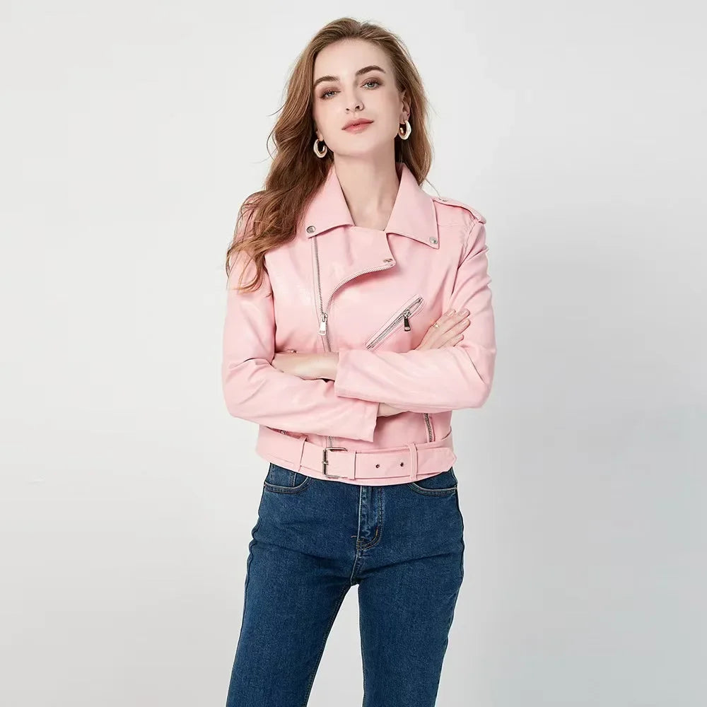 Women's PU Leather Jacket Slim Fit Motorcycle Washed Zipper Top Autumn Winter Fashion Outerwear Casual Style Full Sleeve