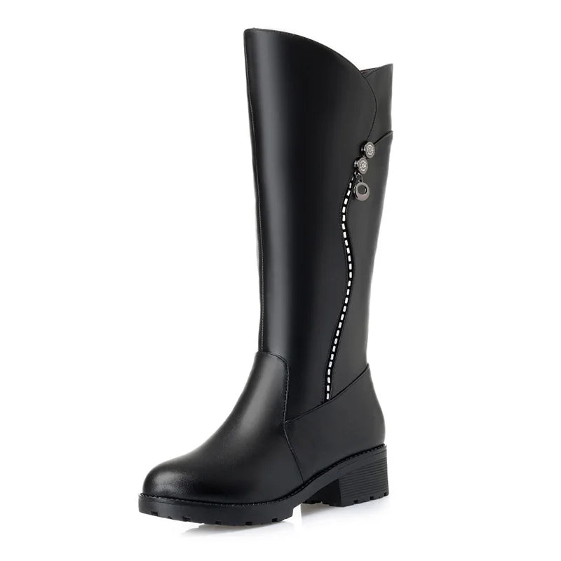 WOIZGIC Damen-Stiefel aus echtem Leder, für Damen, Plattform, Schnee, Wolle, Plüschfell, warm, Winter, mittlerer Absatz, Reißverschluss, Übergröße 42 43