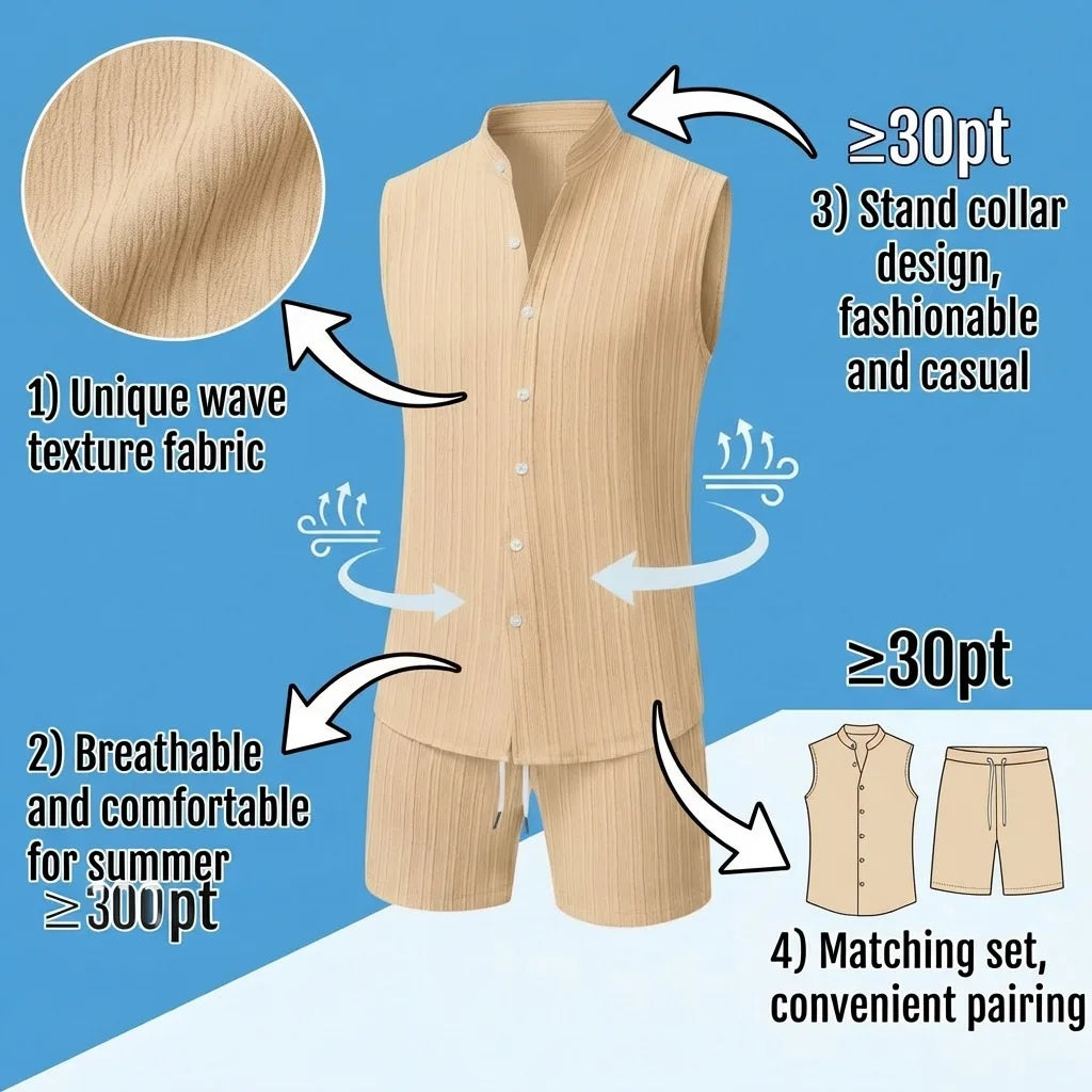 Sommer Neue Herren Mode Stehkragen Einfarbiges Besticktes Ärmelloses Hemd Shorts Set Lässige Strandkleidung