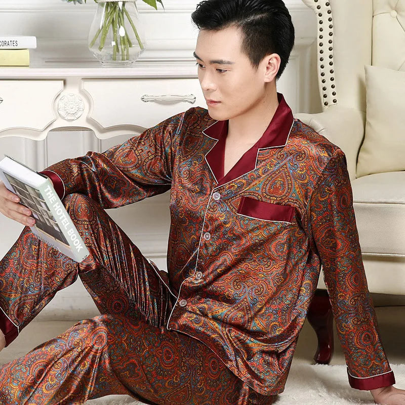 Hohe Qualität Pyjamas Set Männer Frühling Herbst Dünne Polyester Eis Seide Lange ärmeln Nachtwäsche Plus Größe Sommer Hause Kleidung männlichen