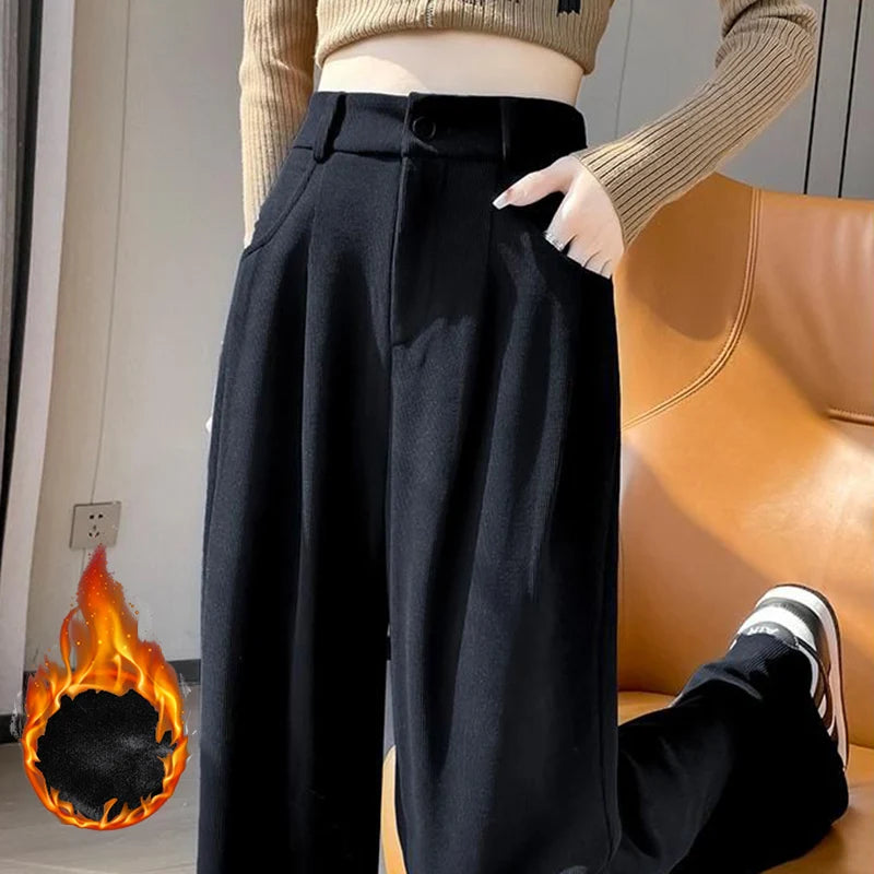 Heißer Verkauf Winter Dame Schnee Warme Hosen Mädchen Klassische Fleece Hohe Taille Hose Frauen Gerade Bein Plüsch Thermische Casual Hosen