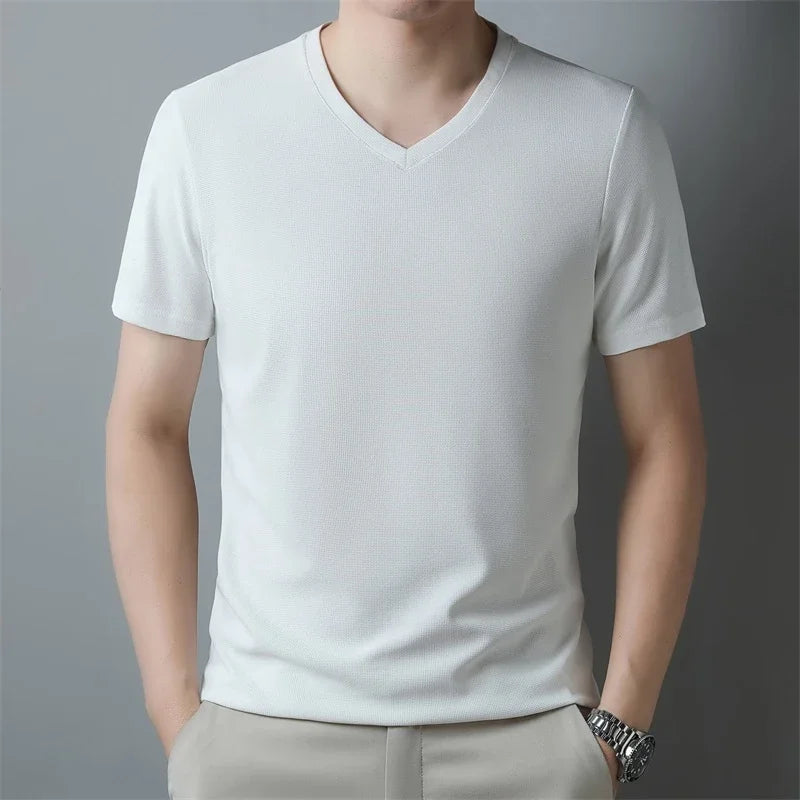 2024 Herren Neues Waffel-T-Shirt mit V-Ausschnitt und kurzen Ärmeln, Sommer, bequemes Oberteil