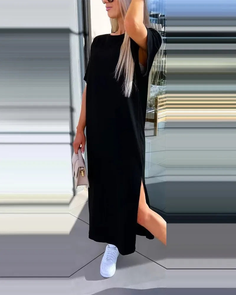 Fashion Simple O Neck Short Sleeve Solid Dress For Women New 2024 Summer Casual Loose Comfortable Split Long Dress Robe Femme