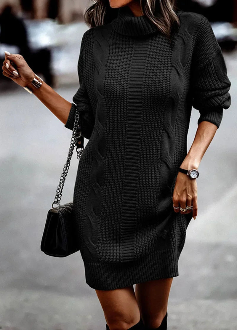 Fashion Turtleneck Wrap Hip Women Sweater Dress Solid Color Knitted Dresses Female Autumn Winter Casual Thickened Warm Mini Gown
