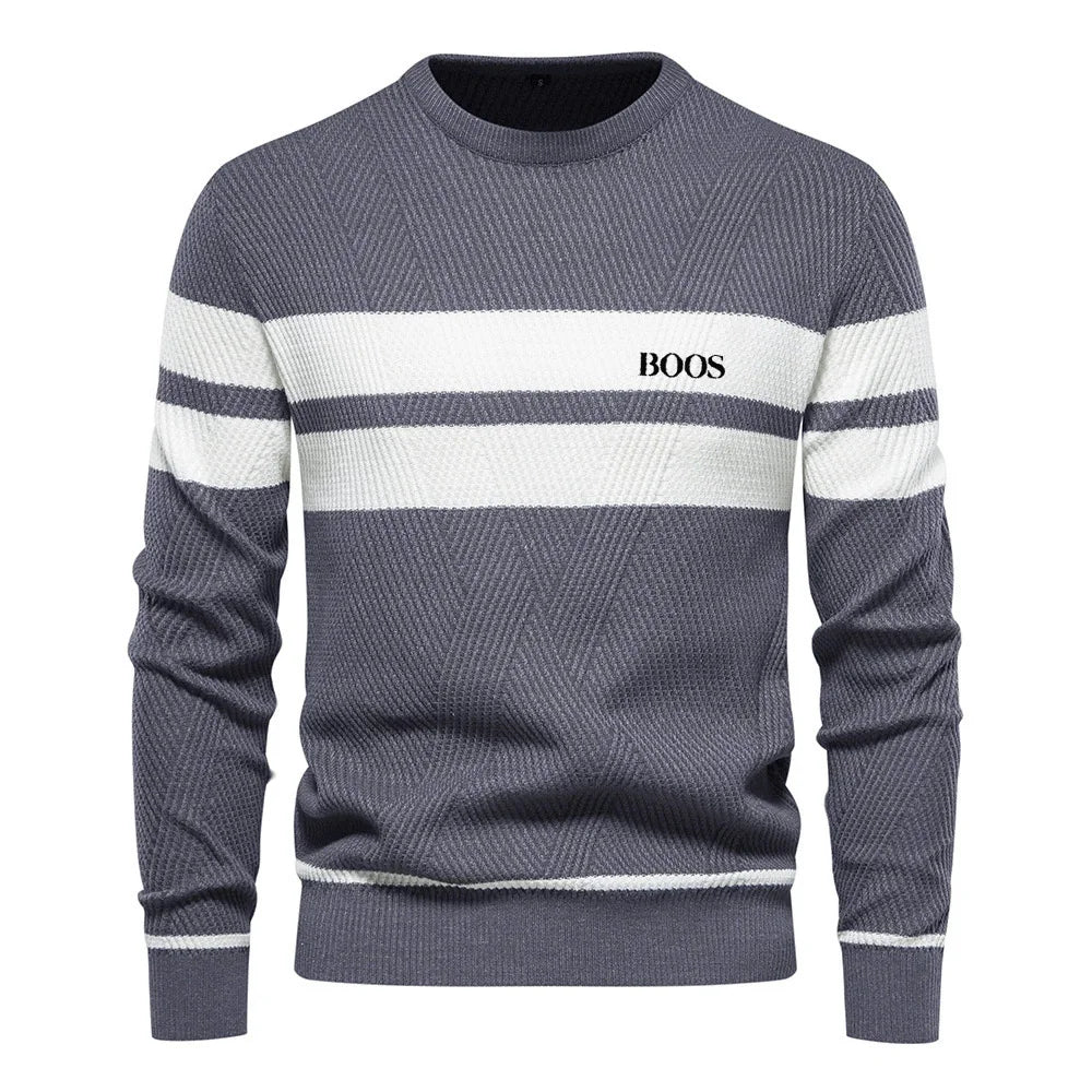 Autumn and winter men's casual striped men's sweater pullover, color blocked round neck embroidered men's European size knitted