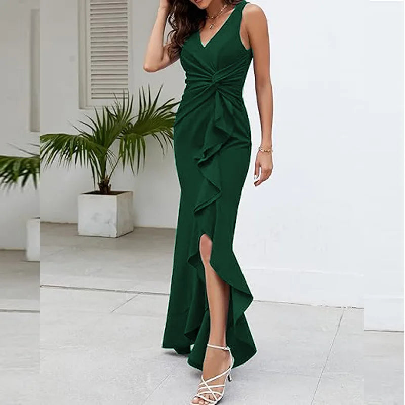 Sexy Schlitz, Rüschen, ärmellos, Abendkleider für Damen, modisch, V-Ausschnitt, schlank, plissiert, elegantes weibliches Maxi-langes Kleid 2025,