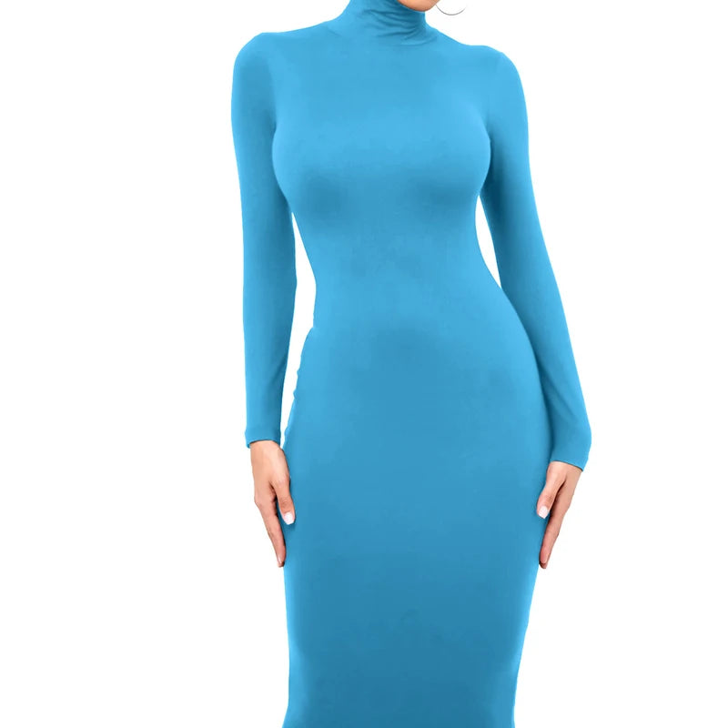 Winter Schwarz Rollkragen Sexy Frauen Kleid Herbst Langarm Dünne Midi Boydcon Casual Blau Plüsch Knie-Länge Party