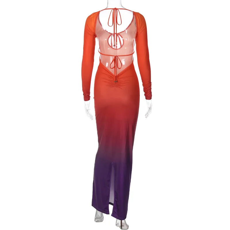Sexy Vorne Brust Aushöhlen Gradienten Schlank Bodycon Maxi Kleid Frauen Cross Strap Backless Dünne Abendkleid Club Party Vestidos