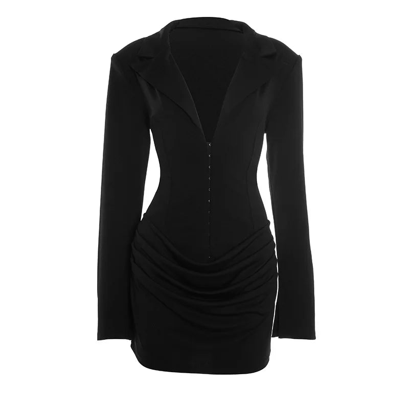 2023 neue Herbst Winter Mini Kleider Mode Frauen Langarm Tiefem V-ausschnitt Sexy Geraffte Bodycon Abend Party Club Blazer Vestidos
