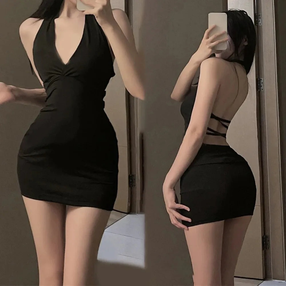 Damen Sexy Neckholder Rückenfreies Figurbetontes V-Ausschnitt Wickelkleid Schwarzes Party-Nacht-Minikleid