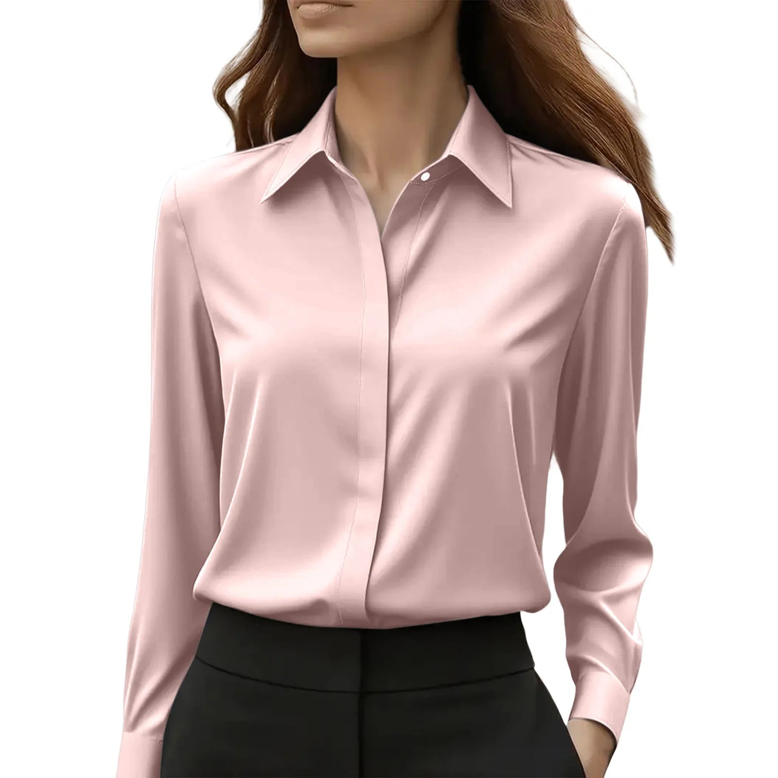 2025 Neues Damen-Langarmshirt, 10-farbiges Revers, Satin-Knopf-Cardigan, Büro, Pendeln, elegantes, einfaches Oberteil, Basic-Blusen