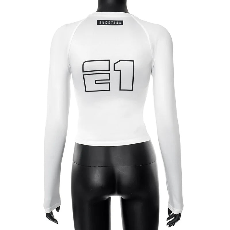 Oshfall European and American hot girls 2024 autumn new motorcycle style letter print round neck long sleeve slim women's tops