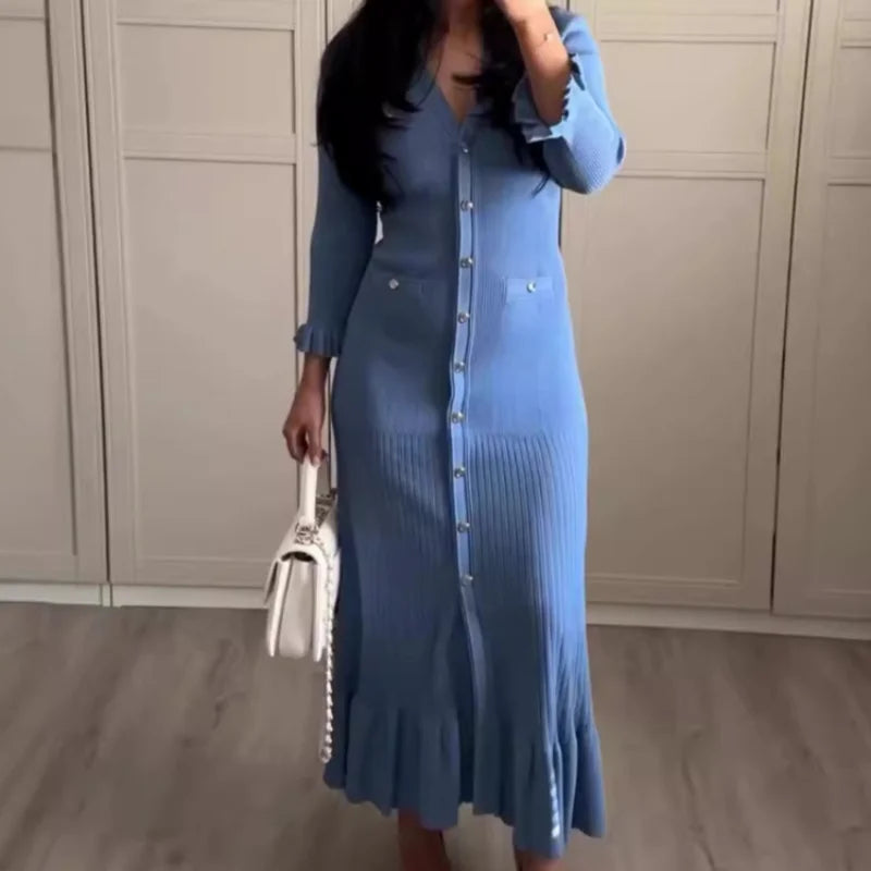 Kleid Frauen Lange Kleider Maxi Einreiher Volle Hülse V-ausschnitt Hohe Taille Schlank Party Herbst Elegante Splice Gestrickte Vestidos