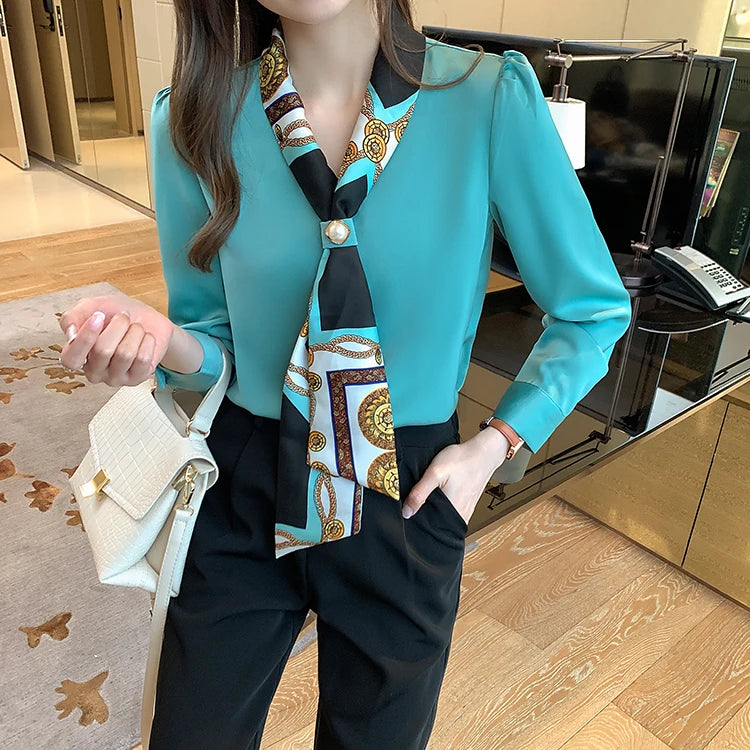 H Han Königin Frühling Chiffon Einfache Büro Dame Bluse Weibliches Hemd Bogen Tops Langarm Casual Koreanische OL Lose Blusen Frauen