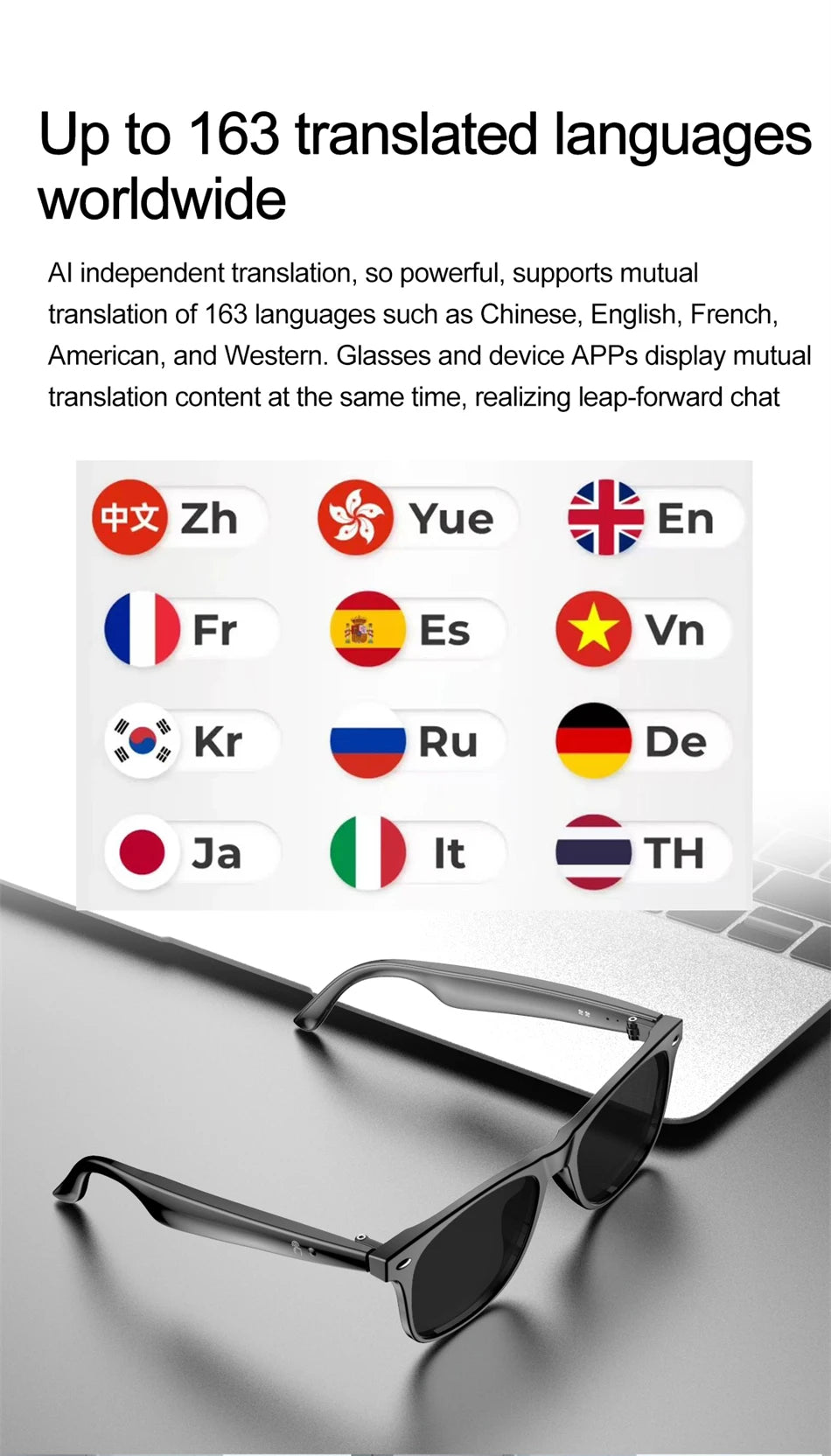 AI Intelligent Translation Glasses 163 Online Language AI Automatic Dialogue Translation Bluetooth Translation Glasses Men Women