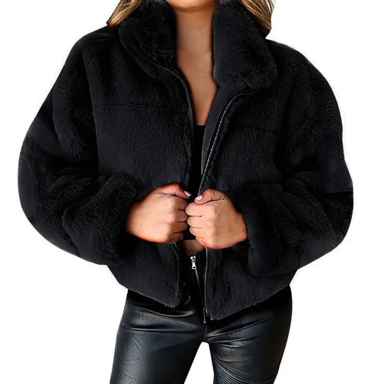 2025, Winter frauen Warme Jacke Zipper Strickjacke Faux Pelz Mode Langarm Stehen Kragen Plüsch Mantel für Weibliche