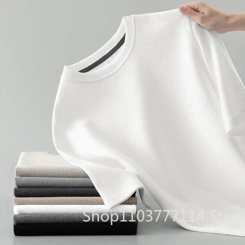 Koreanischen Stil Männer Sommer T-Shirt Mann Kurzarm Waffel Solide T-Shirt Farbe Casual Tee Runde männer Rundhals Mode top