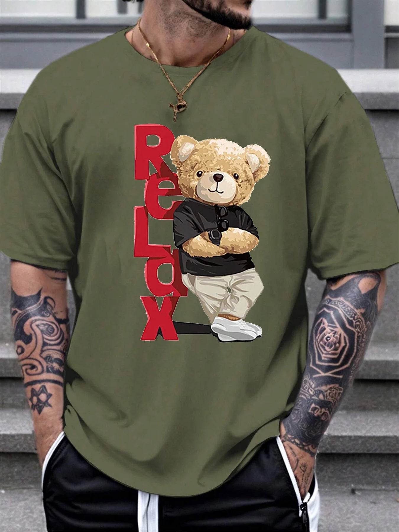Men's Summer 100% Cotton Fashionable Casual Loose Large Size Letter Bear Printed Sports Round Neck Short Sleeve T-shirt Top
