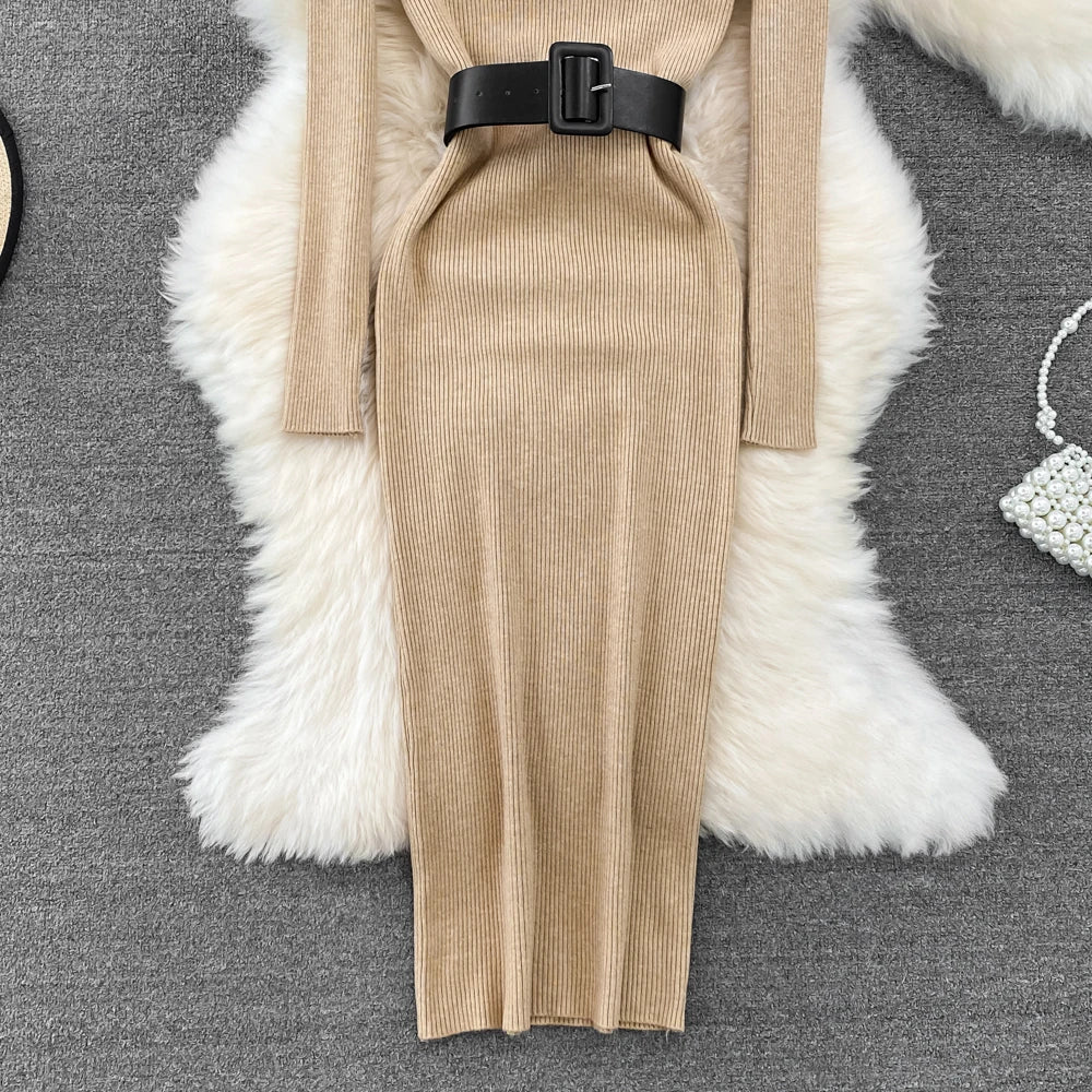 REALEFT Herbst Winter 2025, neue Rollkragen frauen Gestrickte Kleider mit Gürtel Langarm Elegante Bodycon Wrap Kleid Weibliche
