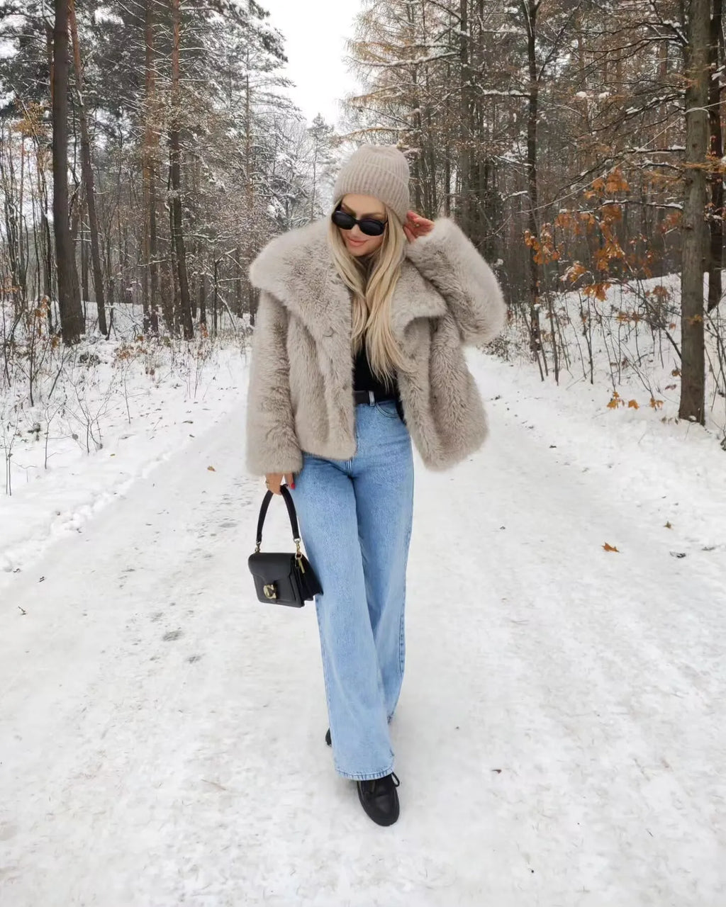 MUJER Schwarzer Kunstpelzmantel für Damen, Herbst-Winter-Plüschmäntel und Jacken, Streetwear-Outer, langärmelig, warme Damenmäntel