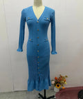Kleid Frauen Lange Kleider Maxi Einreiher Volle Hülse V-ausschnitt Hohe Taille Schlank Party Herbst Elegante Splice Gestrickte Vestidos