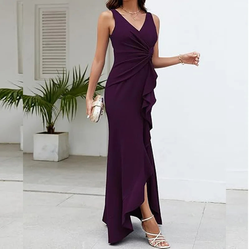 Sexy Schlitz, Rüschen, ärmellos, Abendkleider für Damen, modisch, V-Ausschnitt, schlank, plissiert, elegantes weibliches Maxi-langes Kleid 2025,