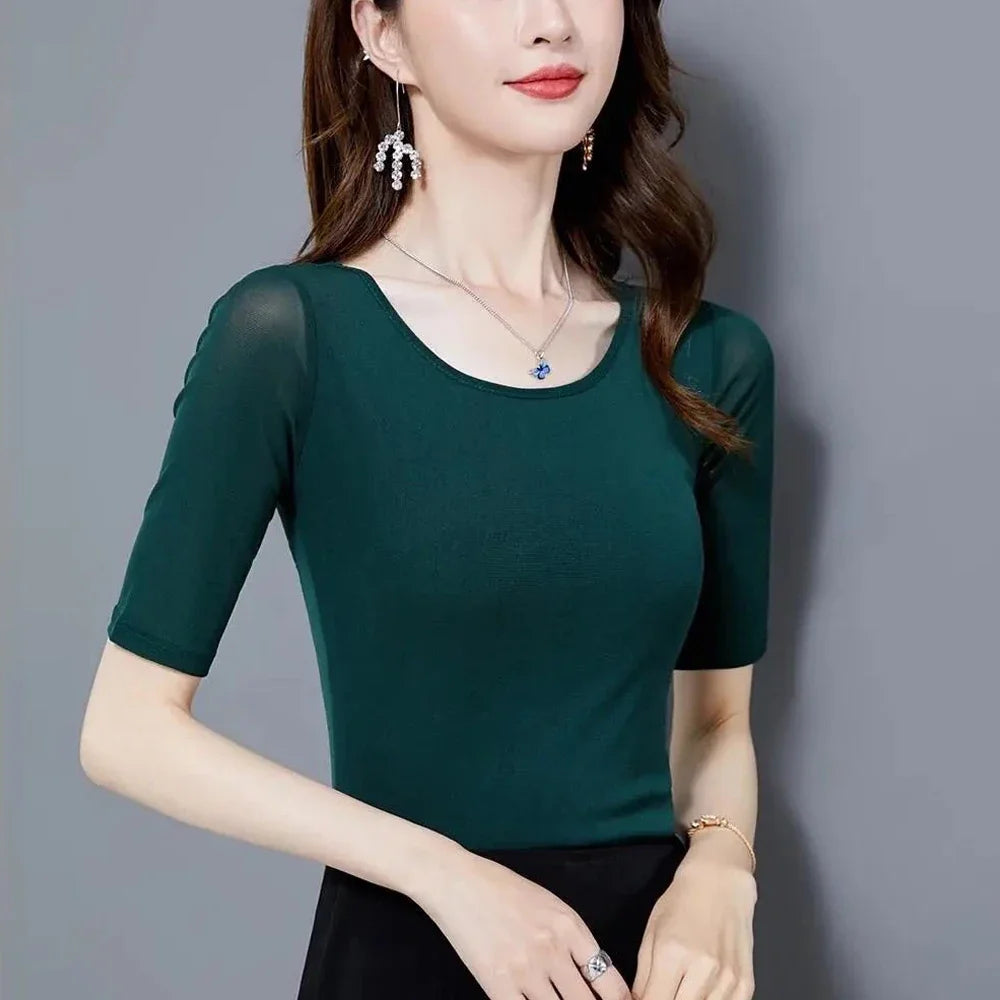 S-3XL Purple Blue Red Green Shirt Women Transparent Mesh Short Sleeve O-neck Thin T shirt Half Sleeve O Neck Female Blouses Tops