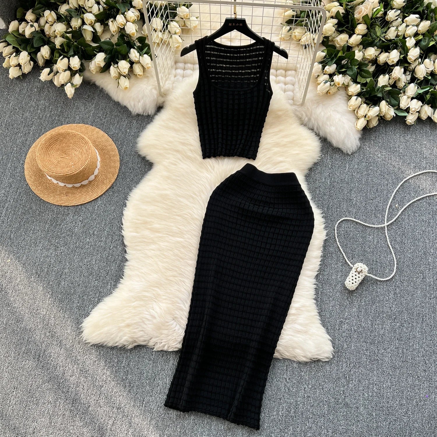 Sommer Frauen Mode Rock Set sexy ärmellose Tanktops hohe Taille schlanke lange Saya weibliche zweiteilige Anzüge stricken feste Kleidung