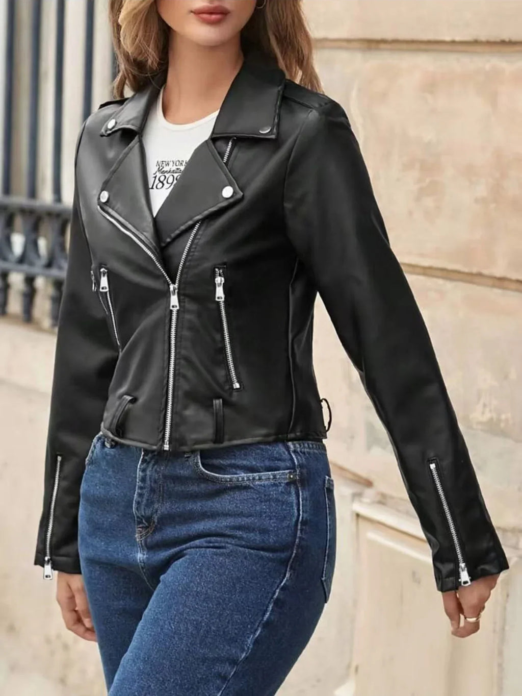 Black Short Motorcycle Jacket Women's Slim Fit PU Leather Coat Fake Leather Zipper Collar Full Sleeve Origin China Male Fashion