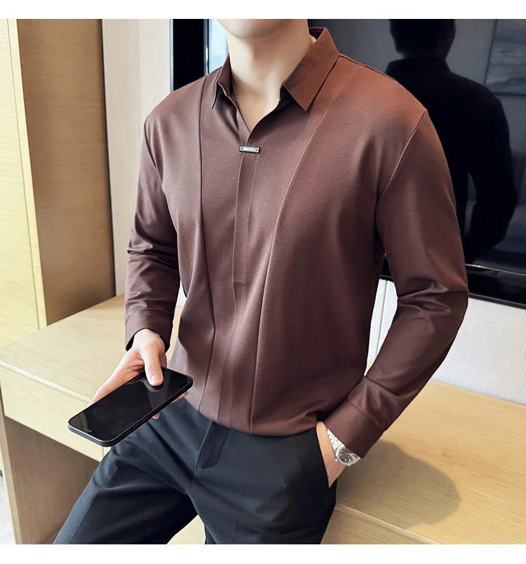 Herren-Poloshirt mit langen Ärmeln, 2026, Frühling, britischer Stil, einfarbig, elastisch, schmale Passform, T-Shirt, formelle Kleidung, Poloshirt, Herrenbekleidung