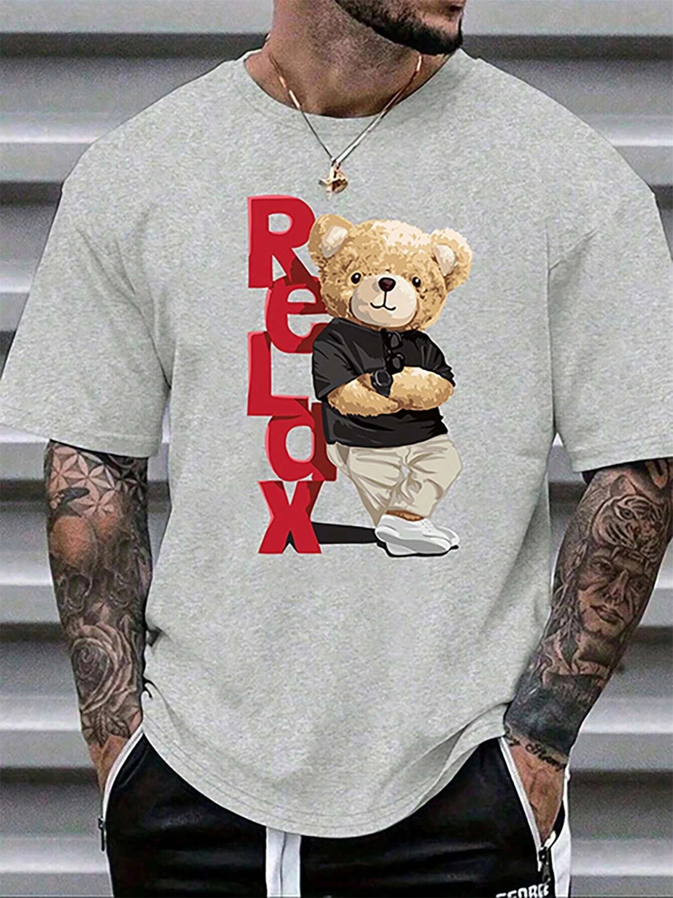 Men's Summer 100% Cotton Fashionable Casual Loose Large Size Letter Bear Printed Sports Round Neck Short Sleeve T-shirt Top